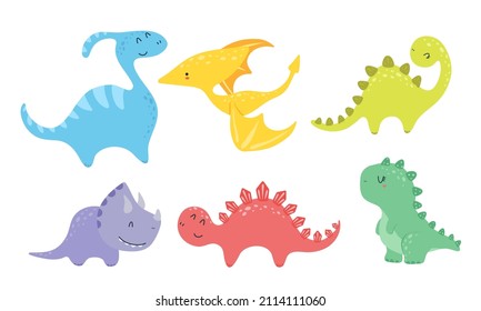 Set of cute cartoon dinosaurs in kawaii style. Clip art set of six dinosaurs. The set includes such dinosaurs as brachiosaurus, pterodactyl, t rex, Parasaurolophus, stegosaurus, triceratops.