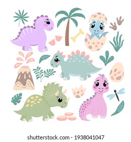 Set of cute cartoon dinosaurs, leaves and volcano, vector graphics, isolated on white background. For the design of postcards, posters, covers, prints for childrens t-shirts, bags