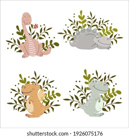 Set of cute cartoon dinosaurs with plants, vector illustration