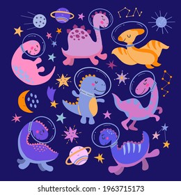 Set of cute cartoon dinosaurs in space. Vector graphics on a dark blue background. Bright childish image for the design of covers of notebooks, packaging, posters, postcards, prints for pillow