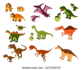 a set of cute cartoon dinosaurs and their children. vector isolated on a white background.