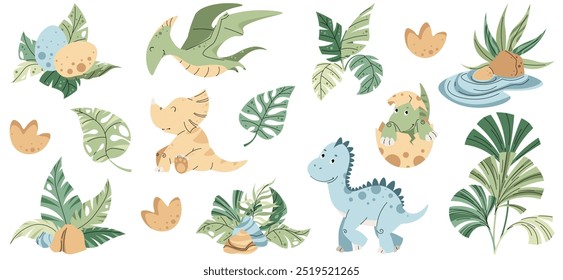 Conjunto de dinossauros desenhos animados bonitos e plantas tropicais sobre fundo branco. Coleção de lagartos antigos. Ilustração de crianças para o design de roupas, papéis de parede, cartões de felicitações, etc.