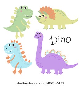 Set of cute cartoon dinosaurs. Vector illustration for printing on fabric, Wallpaper, dishes, postcard, picture, bedding, children's products.