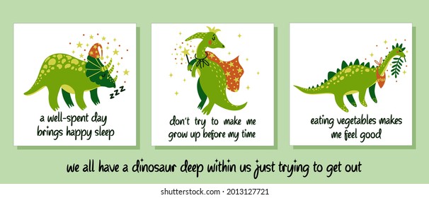 Set of cute cartoon dinosaurs. Vector dino on a white background. The reptile sleeps in a nightcap. Animal in a crown and a cloak with a magic wand. The beast eats vegetables. Flat style. 