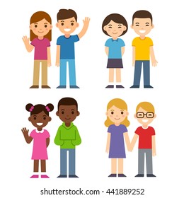 Set Of Cute Cartoon Diverse Children Couples, Boys And Girls. Caucasian, Asian And Black Kids. Happy Children Illustration, Flat Vector Style.