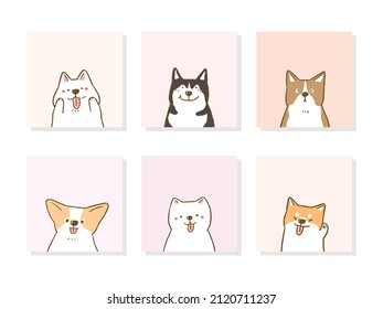 A Set of Cute Cartoon Dog Characters on Pastel Color Backgrounds. Vector Illustration.