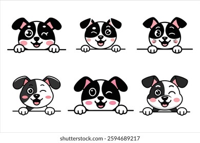 Set of cute cartoon dog faces peeking vector illustration