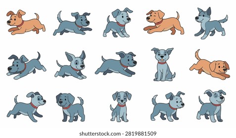 Set of cute cartoon dog illustrations featuring multiple puppies in various active poses like running, jumping, and sitting. Characters shown in blue-grey and tan colors with red collars.