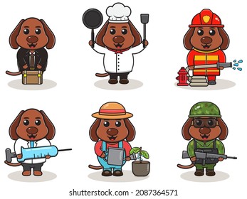 Set of Cute Cartoon Dog isolated on a white background. Vector illustration with cute Dog of different professions. cute job Animal cartoon bundle set.