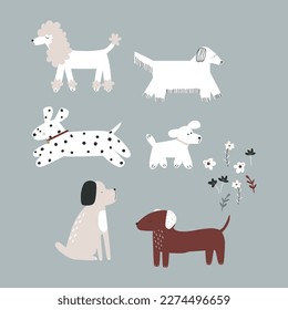 Set of cute cartoon dogs. Childish graphic. Vector hand drawn illustration.