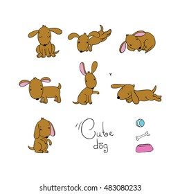 Set of  cute cartoon dogs. Hand drawing isolated objects on blue background. Vector illustration. Funny animals.