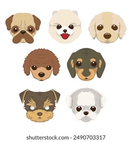 Set of cute cartoon dogs heads. Vector illustration isolated on white background.