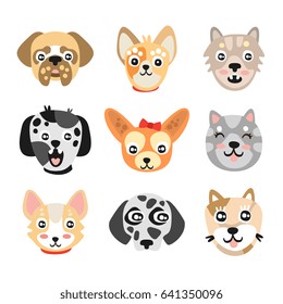Set of cute cartoon dogs heads. Colorful character vector Illustrations