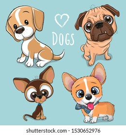 Set of Cute Cartoon Dogs on a blue background