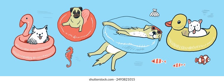 Conjunto de lindos perros de dibujos animados nadando en el mar. Ilustración vectorial.