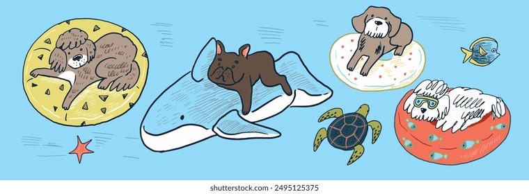 Set of cute cartoon dogs swimming in the sea. Vector illustration.