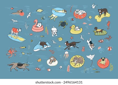 Set of cute cartoon dogs swimming in the sea. Vector illustration.