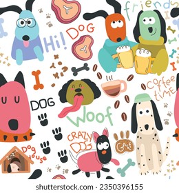 Set of cute cartoon dogs and words, Doodle. Vector illustration