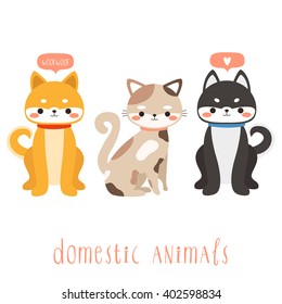 set of cute cartoon domestic animals. Illustration of cute akita inu, cat and husky. Can be used like stickers or for birthday cards and party invitations