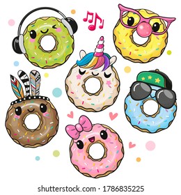 Juego de Donuts de dibujos animados personalizados aislados en un fondo blanco