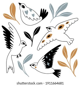 Set with cute cartoon doodle birds and leaves. Wildlife vector illustration. Ornitology collection. Hand drawn outline elements for spring, summer seasonal decor. Simple minimalist abstract line art