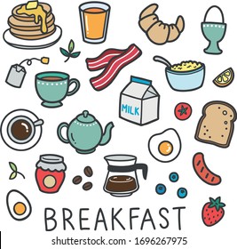set of cute cartoon doodle breakfast  icons include pancakes, orange juice, croissant, boiled egg, tea, beacon, cereal, coffee, milk, bread, tomato, fried egg, jam, sausage and more