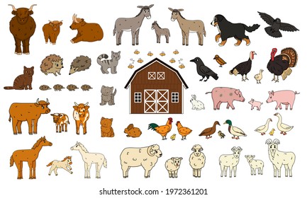 Set of cute cartoon doodle farm animals. Vector collection of donkey goose cow bull pig hog chicken hen rooster goat sheep duck horse turkey cat dog hedgehog rabbit bunny birds for children's book