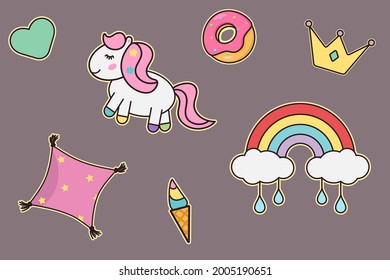 Set of cute cartoon or doodle stickers. Illustration for social media, cards, bad rooms, textiles.