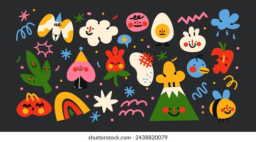 Set cute cartoon doodle stickers in the retro groovy 90s style. Hippie design elements, flowers, pets, fruits. Acid bright sticker pack	