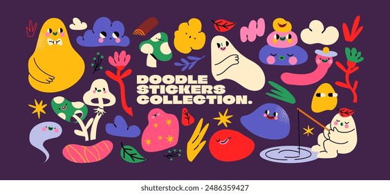 Set cute cartoon doodle stickers in the retro groovy 90s style. Hippie design elements, flowers, pets, fruits. Acid bright sticker pack