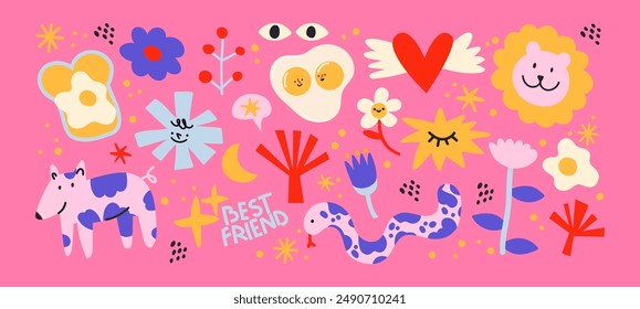 Set cute cartoon doodle stickers in the retro groovy 90s style. Hippie design elements, flowers, pets, fruits. Acid bright sticker pack	