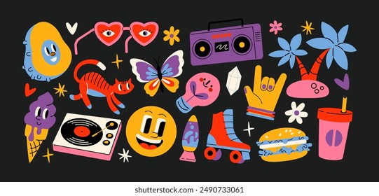 Set cute cartoon doodle stickers in the retro groovy 90s style. Hippie design elements,sweets, pets, ufo. Acid bright sticker pack	