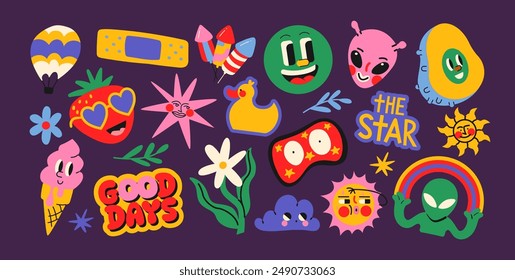 Set cute cartoon doodle stickers in the retro groovy 90s style. Hippie design elements,sweets, pets, ufo. Acid bright sticker pack	