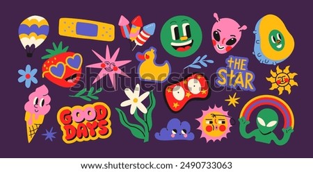 Set cute cartoon doodle stickers in the retro groovy 90s style. Hippie design elements,sweets, pets, ufo. Acid bright sticker pack	