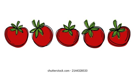 Conjunto de tiernos tomates de dibujos animados. Borde claro y colores ricos.