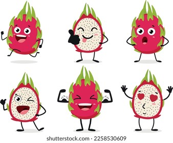 Set of cute cartoon dragon fruit isolated on white background