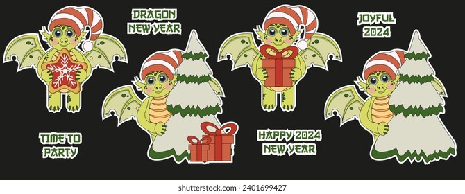 Set cute cartoon Dragon in trendy Groovy style isolated on black background. Collection symbol Chinese New Year. Vector illustration can used t-shirt print, web icon and social media sticker.