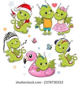 Juego de dragones de dibujos animados personalizados aislados en un fondo blanco