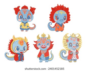 Set of cute cartoon dragons. Vector illustration isolated on white background. Happy Chinese New Year of Dragon.