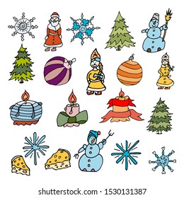 Set of cute cartoon drawings on New Year theme, freehand vector sketch drawing freehand drawing