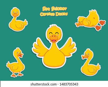 Set Cute Cartoon Ducks Sticker. Vector Illustration With Cartoon Funny Animal Frame