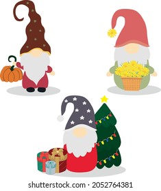 Set of Cute Cartoon Dwarf. Little garden gnomes. Christmas gnomes, spring gnomes and autumn gnomes. Vector illustration.
