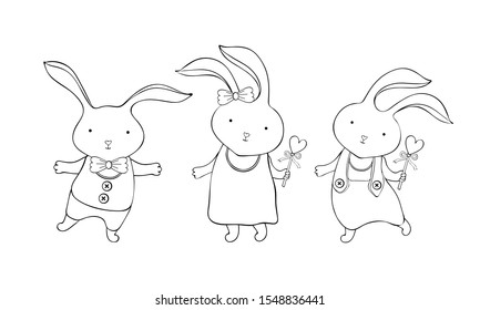 Set of cute cartoon Easter bunnies in vector. Little rabbit boy and girl. Vintage hand drawn style. Kawaii funny animal. Black and white art line. Children's coloring. Children animals. Doodle