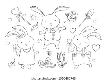 Set of cute cartoon Easter bunnies and objects in vector. Little rabbit boy and girl. Vintage hand drawn. Kawaii funny animal. Black and white art line. Children's coloring. Children animals. Doodle