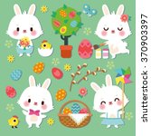 Set with cute cartoon Easter bunny - Easter characters and design elements