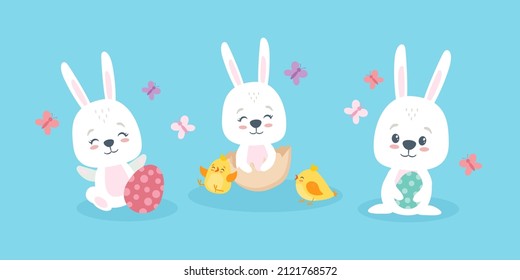 Set of cute cartoon easter bunny with easter eggs and chickens.Vector illustration in flat style