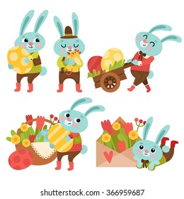Set with cute cartoon Easter bunny. Easter bunnies with gifts, flowers and eggs. Cute cartoon characters.