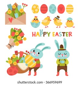 Set with cute cartoon Easter bunny. Easter bunnies with gifts, flowers and eggs. Cute cartoon characters and Easter icons.