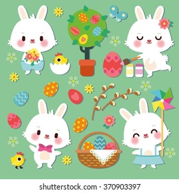 Set With Cute Cartoon Easter Bunny - Easter Characters And Design Elements