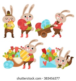 Set with cute cartoon Easter bunny. Easter bunnies with gifts, flowers and eggs. Cute cartoon characters.